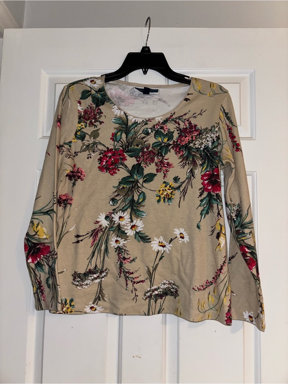 Karen Scott Beige Floral Long-Sleeve Tee with Red & Yellow Blooms